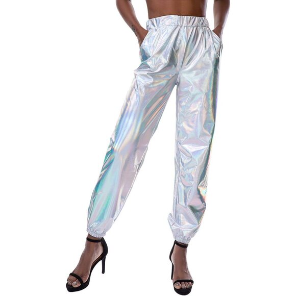 Womens Shiny Metallic Stretchy Pants Club Wear Holographic Trousers Sweat pant - Picture 1 of 5